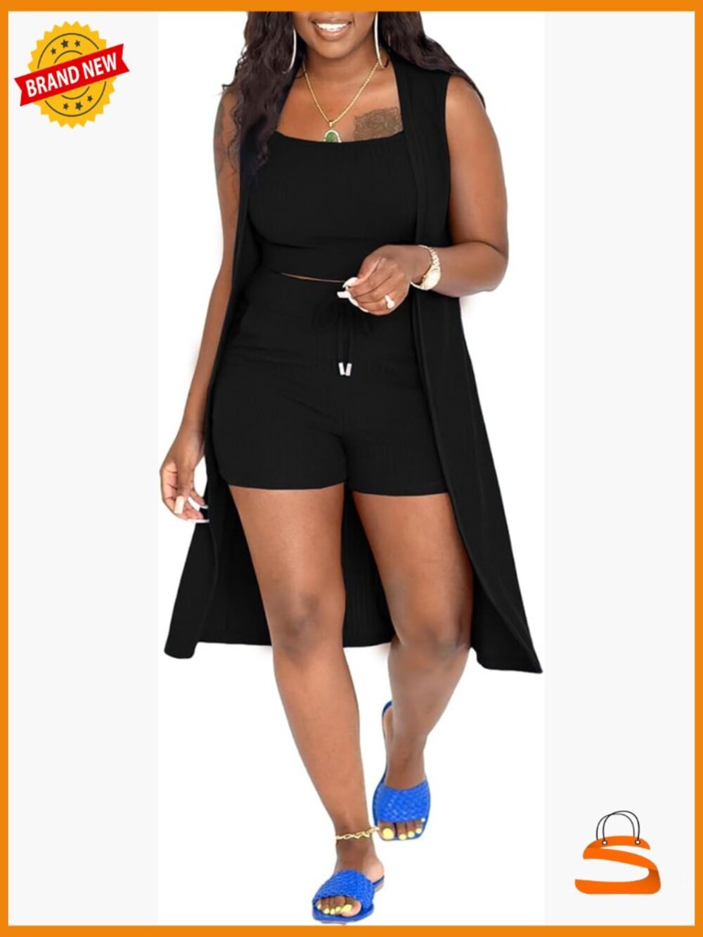 Ribbed Sleeveless 3 Piece Outfit Cardigan Crop Top Shorts Set Loungewear
